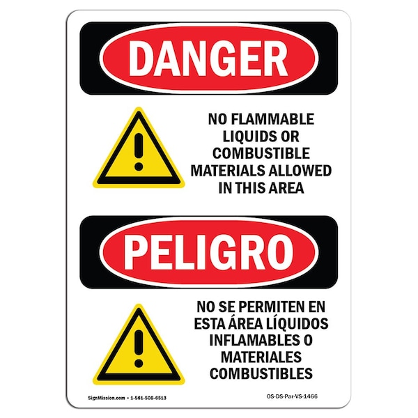 Safety Sign, OSHA, 5" Height, No Flammable Liquids Combustible Spanish, 10PK